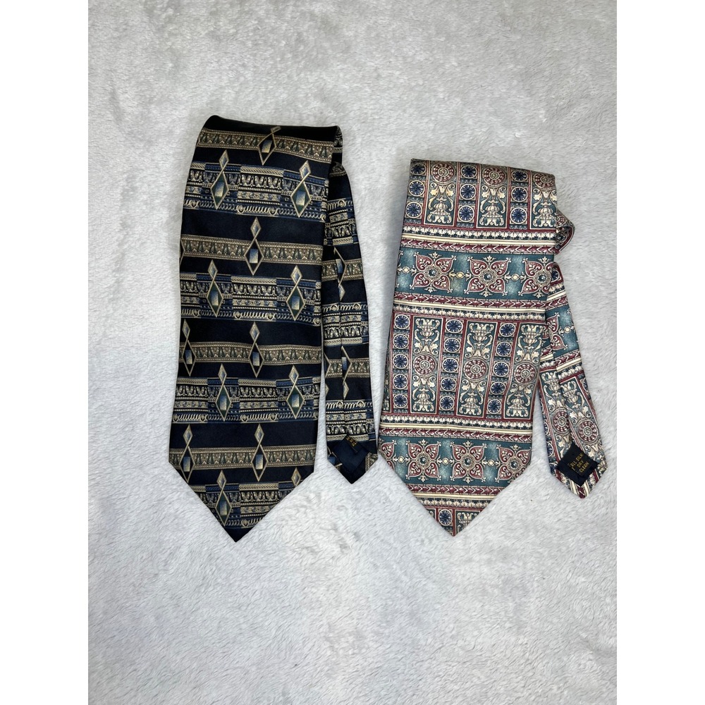 Bill Blass Mens Silk Necktie Set Geometric Medallion Print Black Teal OS
